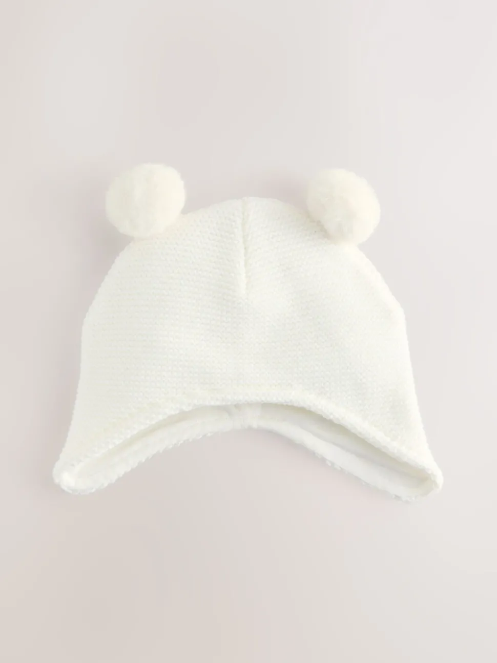White Knitted Double Pom Baby Trapper Hat