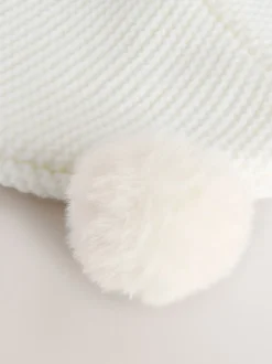 White Knitted Double Pom Baby Trapper Hat
