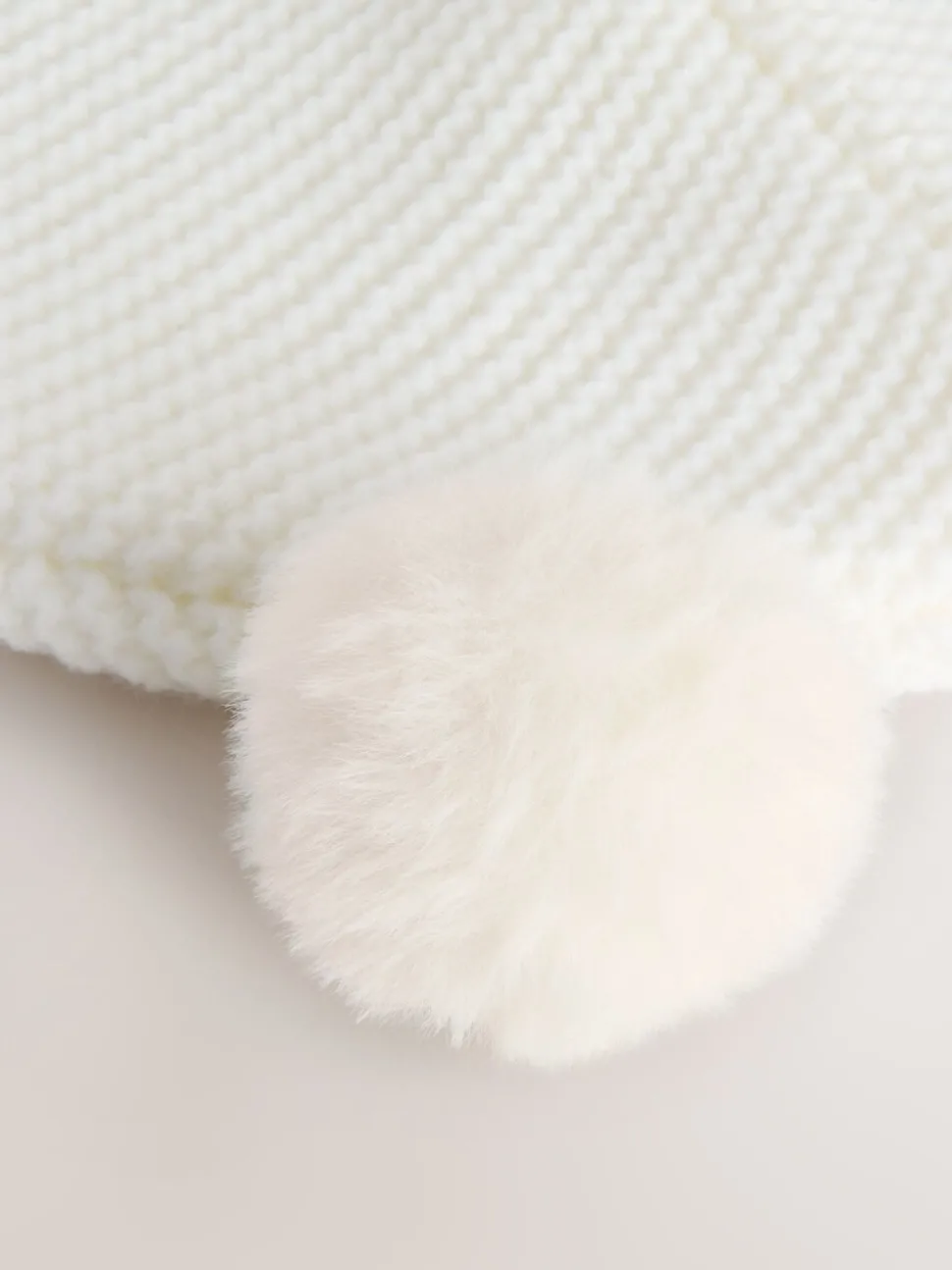 White Knitted Double Pom Baby Trapper Hat