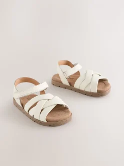 White Leather Woven Sandals with Touch Fastening