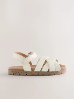 White Leather Woven Sandals with Touch Fastening