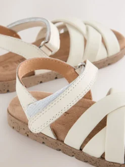 White Leather Woven Sandals with Touch Fastening