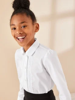 White Long Sleeve Lace Trim School Blouse (3-14yrs)