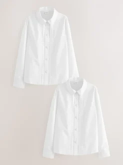 White Long Sleeve Lace Trim School Blouses 2 Pack (3-14yrs)