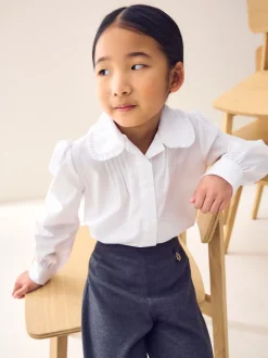 White Long Sleeve Ruffle Collar School Shirt (3-14yrs)