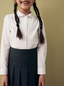 White Long Sleeve Scalloped Lace Trim School Blouse (3-14yrs)