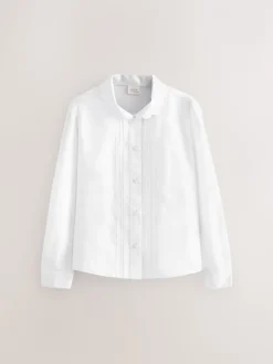 White Long Sleeve Scalloped Lace Trim School Blouse (3-14yrs)