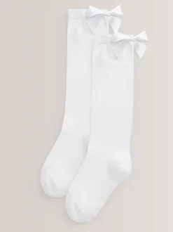 White 2 Pack Cotton Rich Bow Knee High Socks