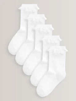 White 5 Pack Cotton Rich Cushioned Sole Ruffle Ankle School Socks