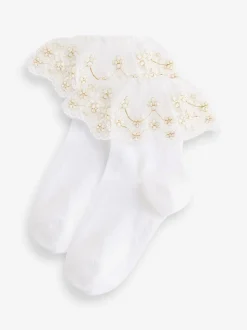 White 2 Pack Cotton Rich Flower Girl Ruffle Ankle Socks