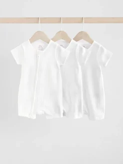 White 3 Pack Two Way Zip Baby 100% Cotton Rompers (0mths-3yrs)