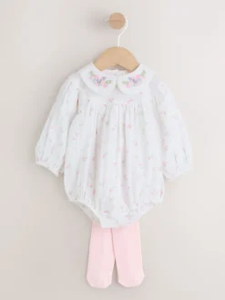 White/Pink Ditsy Baby Bloomer Rompers Set 2 Piece with Tights (0mths-3yrs)