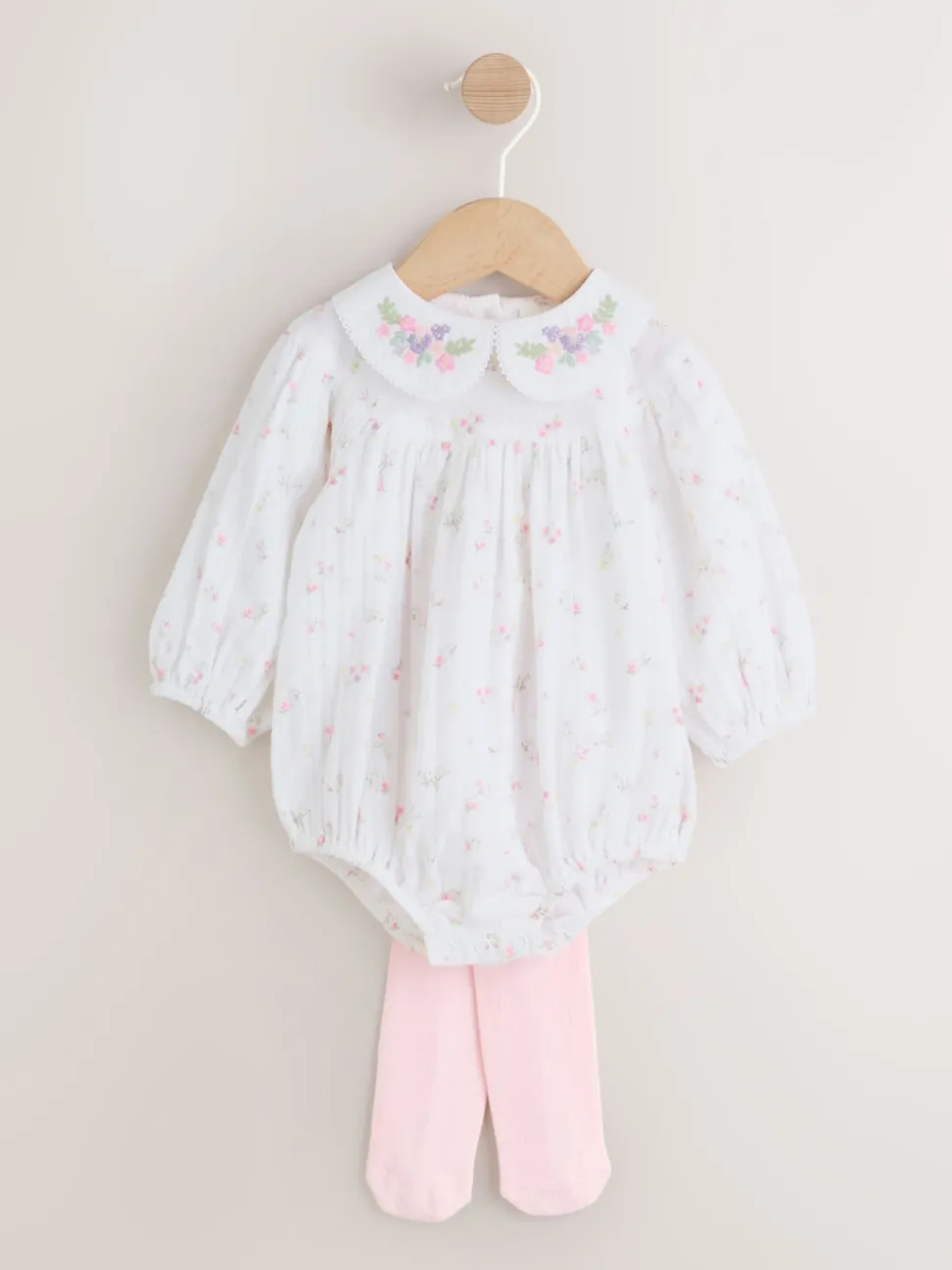 White/Pink Ditsy Baby Bloomer Rompers Set 2 Piece with Tights (0mths-3yrs)