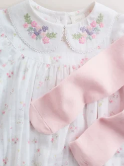 White/Pink Ditsy Baby Bloomer Rompers Set 2 Piece with Tights (0mths-3yrs)
