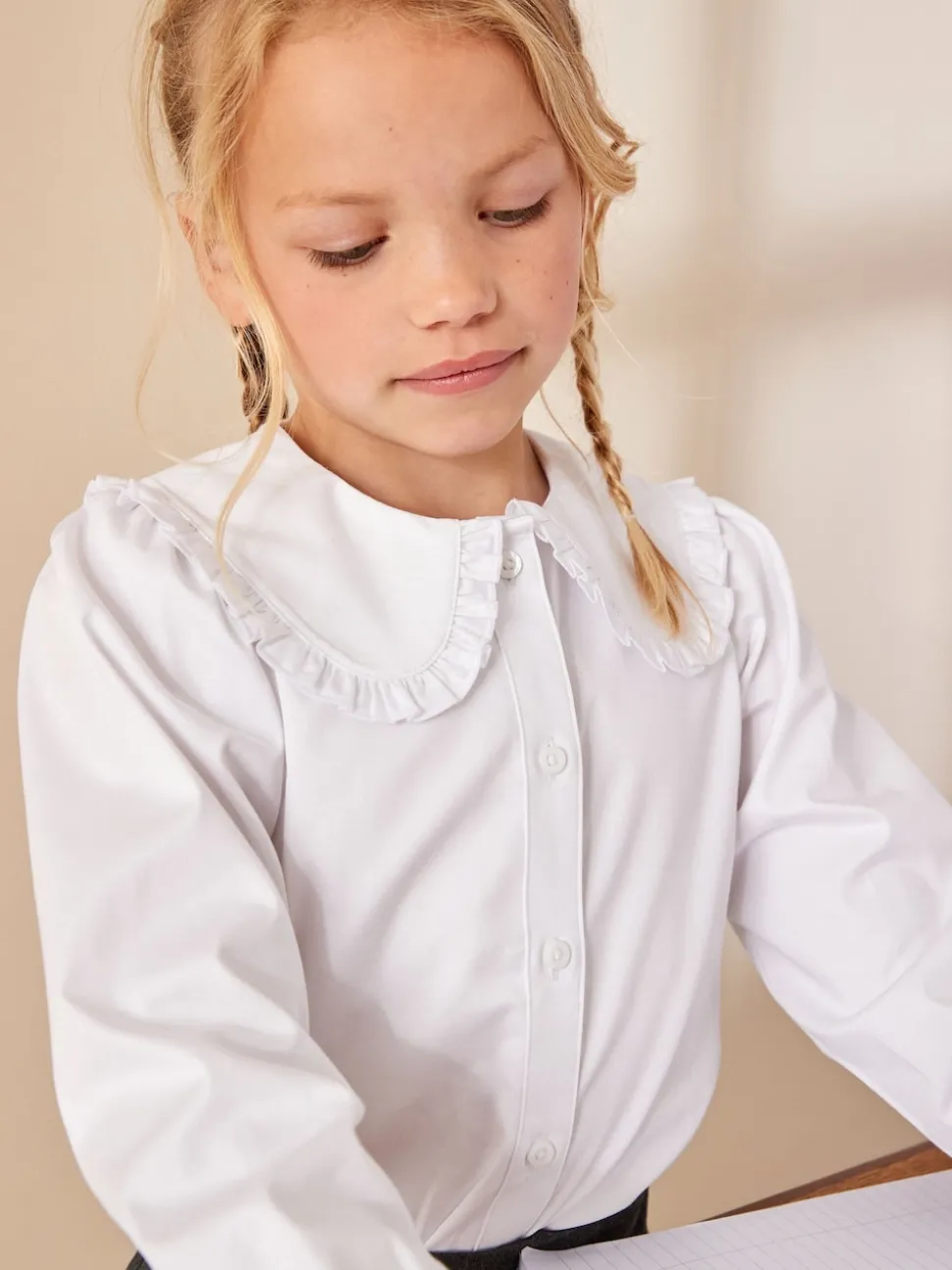 White Premium Cotton Stretch Frill Collar Long Sleeve School Blouse (3-14yrs)