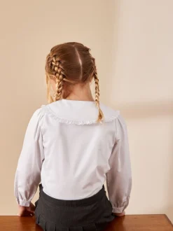 White Premium Cotton Stretch Frill Collar Long Sleeve School Blouse (3-14yrs)