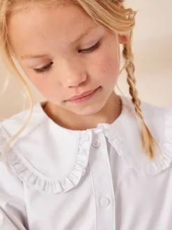 White Premium Cotton Stretch Frill Collar Long Sleeve School Blouse (3-14yrs)