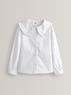 White Premium Cotton Stretch Frill Collar Long Sleeve School Blouse (3-14yrs)
