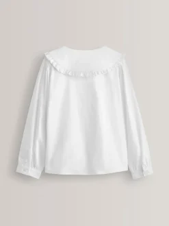 White Premium Cotton Stretch Frill Collar Long Sleeve School Blouse (3-14yrs)