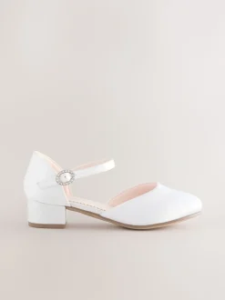 White Stain Resistant Satin Standard Fit (F) Occasion Ankle Strap Low Heel Shoes