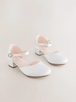White Stain Resistant Satin Wide Fit (G) Occasion Ankle Strap Low Heel Shoes