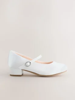 White Standard Fit (F) Stain Resistant Satin Mary Jane Flower Girl Heeled Shoes