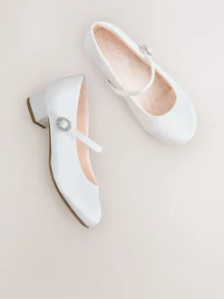 White Standard Fit (F) Stain Resistant Satin Mary Jane Flower Girl Heeled Shoes