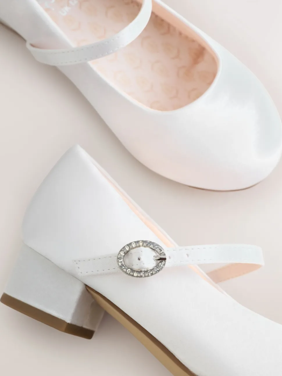 White Standard Fit (F) Stain Resistant Satin Mary Jane Flower Girl Heeled Shoes