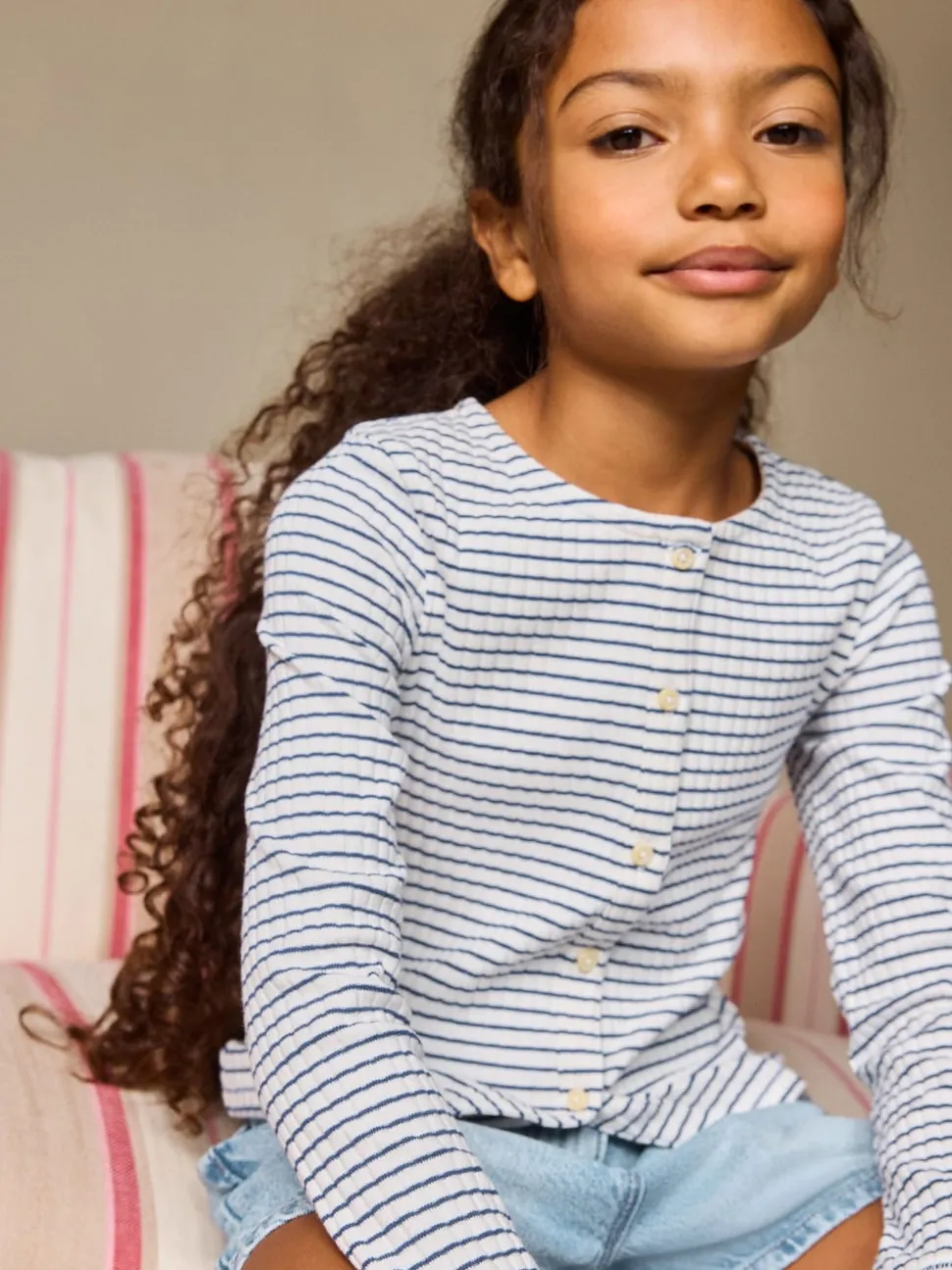 White Stripe Long Sleeve Ribbed Cardigan (3-16yrs)