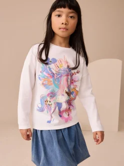 White Unicorn Print Long Sleeve Sequin Top (3-16yrs)