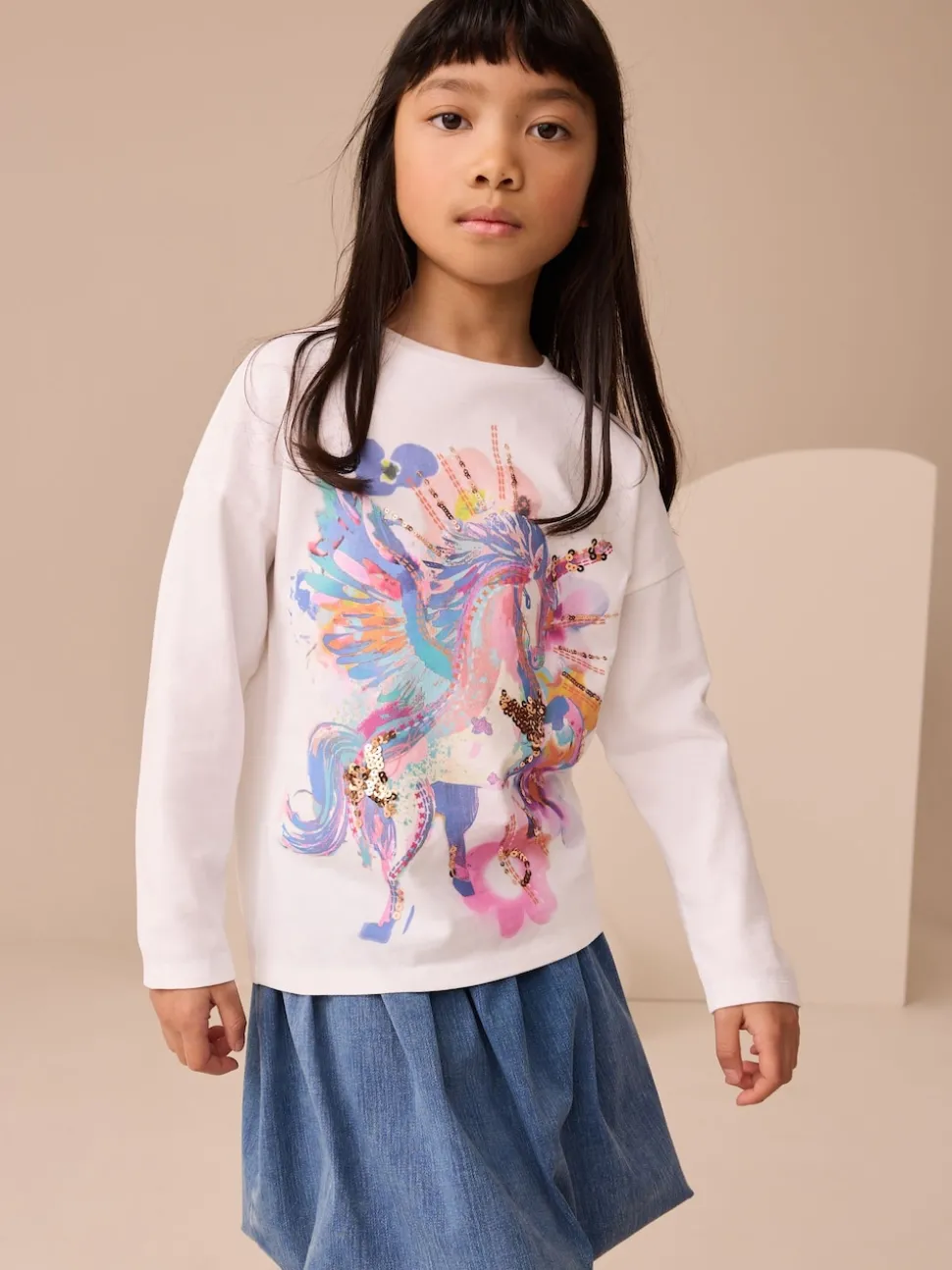 White Unicorn Print Long Sleeve Sequin Top (3-16yrs)
