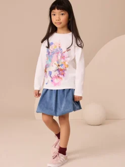 White Unicorn Print Long Sleeve Sequin Top (3-16yrs)