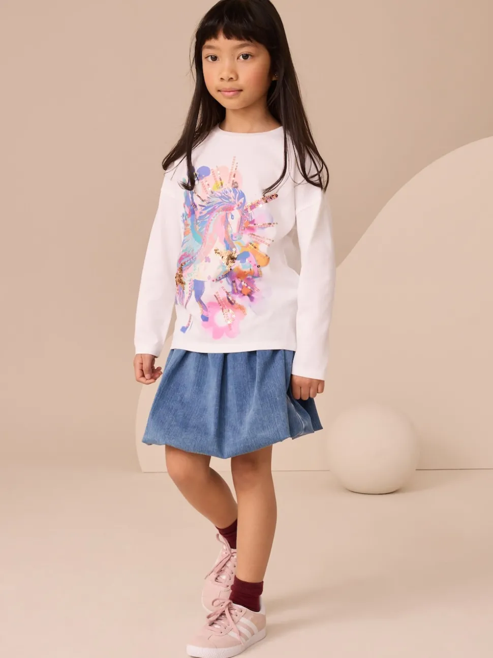 White Unicorn Print Long Sleeve Sequin Top (3-16yrs)