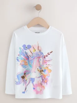 White Unicorn Print Long Sleeve Sequin Top (3-16yrs)