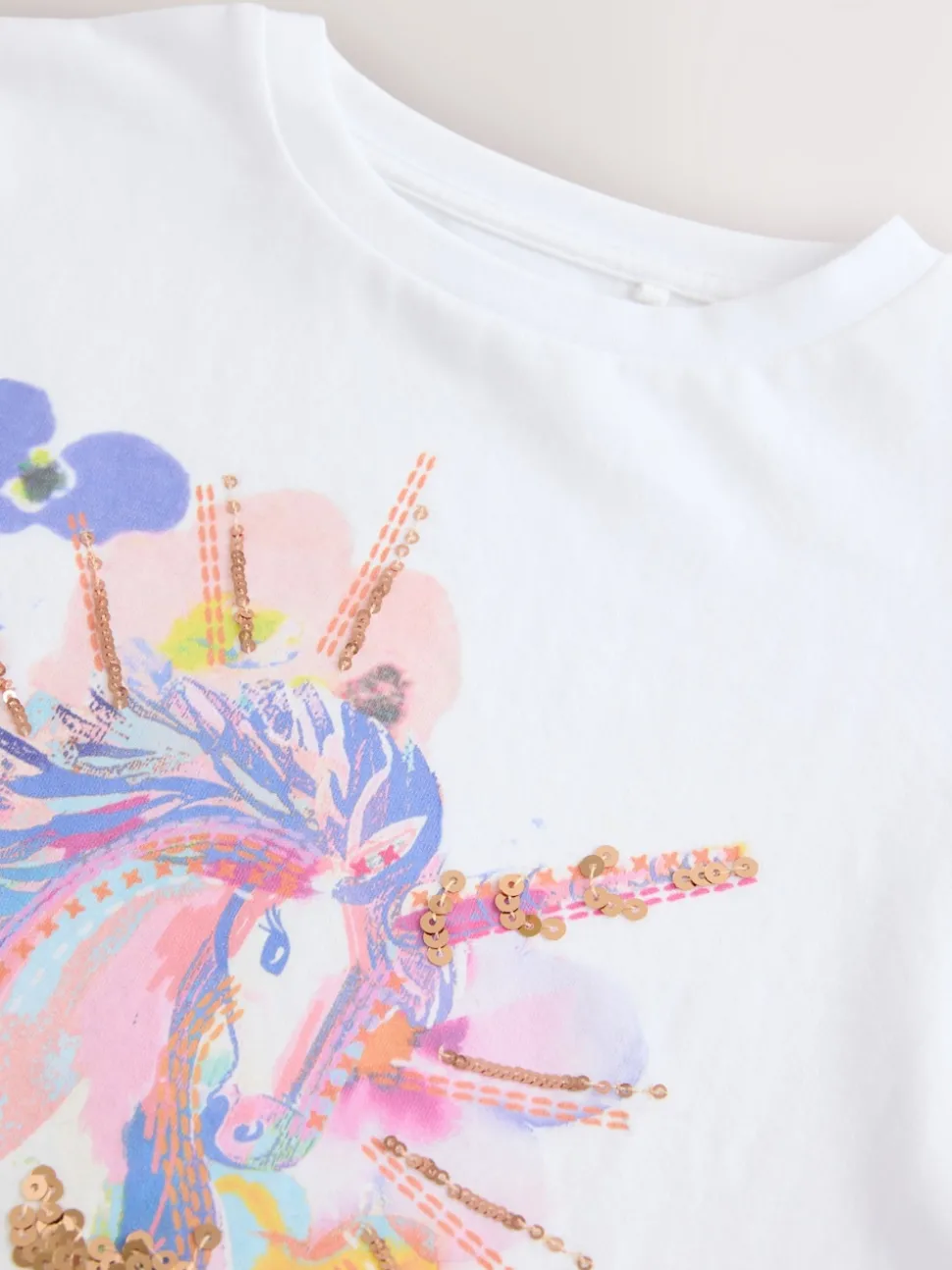 White Unicorn Print Long Sleeve Sequin Top (3-16yrs)