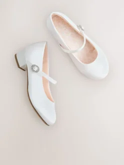 White Wide Fit (G) Stain Resistant Satin Mary Jane Flower Girl Heeled Shoes