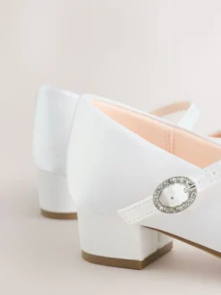 White Wide Fit (G) Stain Resistant Satin Mary Jane Flower Girl Heeled Shoes