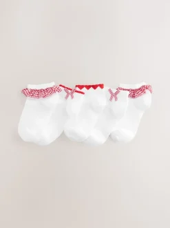 White with Red Gingham Ruffle 5 Pack Cotton Rich Trainer Socks