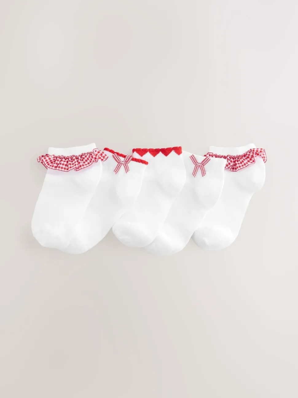 White with Red Gingham Ruffle 5 Pack Cotton Rich Trainer Socks