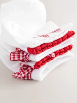 White with Red Gingham Ruffle 5 Pack Cotton Rich Trainer Socks