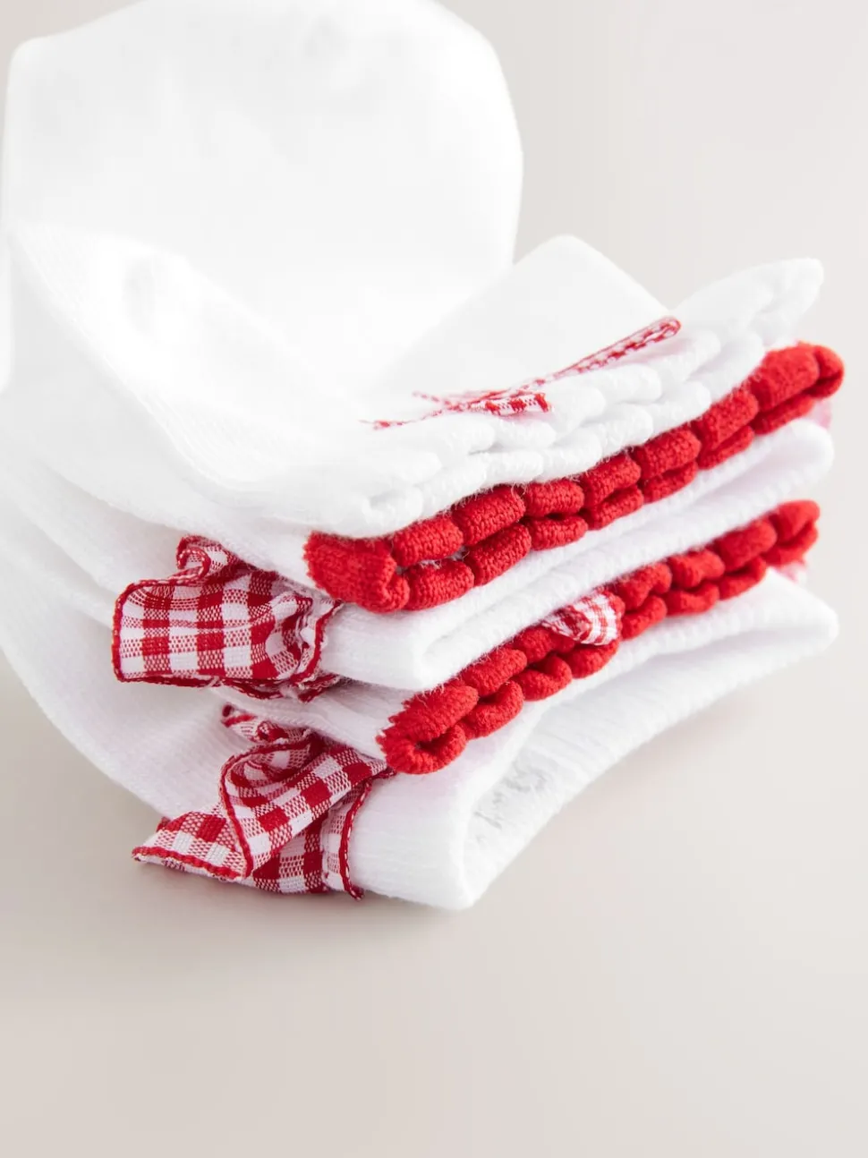 White with Red Gingham Ruffle 5 Pack Cotton Rich Trainer Socks