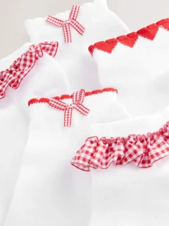 White with Red Gingham Ruffle 5 Pack Cotton Rich Trainer Socks