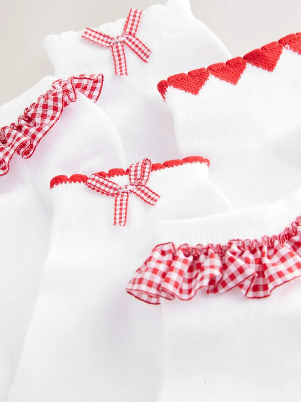 White with Red Gingham Ruffle 5 Pack Cotton Rich Trainer Socks