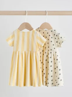 Yellow/Cream Spot/Stripe Baby Short Sleeve Dress 2 Pack (0mths-3yrs)