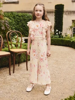 Yellow Floral Short Sleeve Pleated Ruffle Jumpsuit (3-16yrs)
