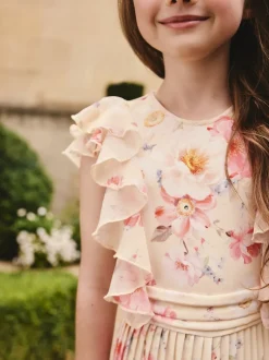 Yellow Floral Short Sleeve Pleated Ruffle Jumpsuit (3-16yrs)