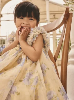 Yellow Ruffle Shoulder Mesh Dress (3mths-7yrs)