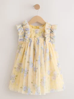 Yellow Ruffle Shoulder Mesh Dress (3mths-7yrs)
