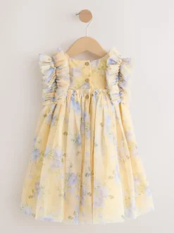 Yellow Ruffle Shoulder Mesh Dress (3mths-7yrs)