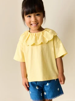 Yellow Short Sleeve Broderie Collar Top (3mths-7yrs)